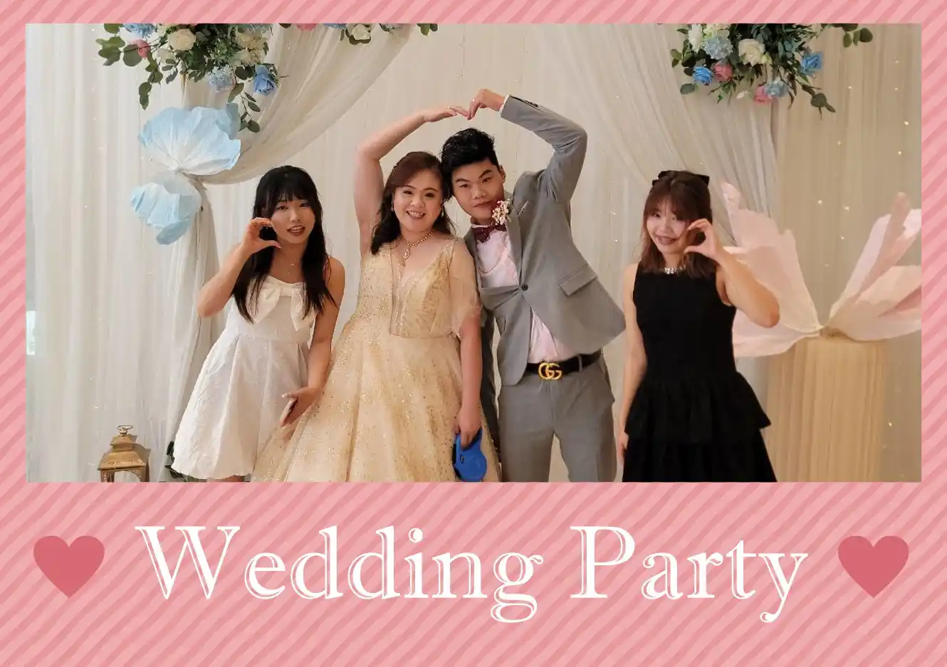 婚宴現場，新人與親友合影，現場拍照即印服務